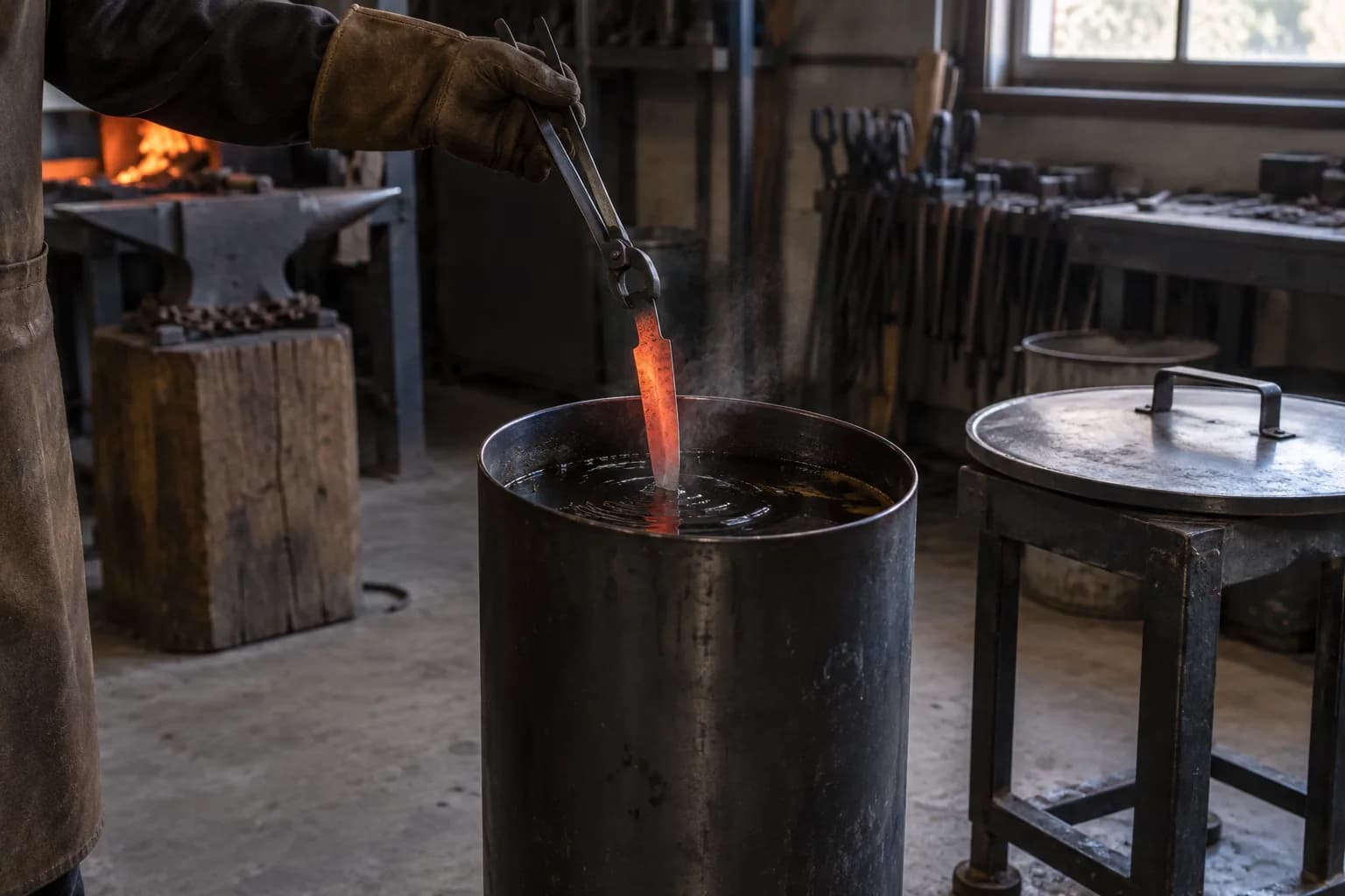 Gloved hand lowers a glowing orange knife blade point-first into a tall steel oil tank, with a lidded pan on a stand nearby.