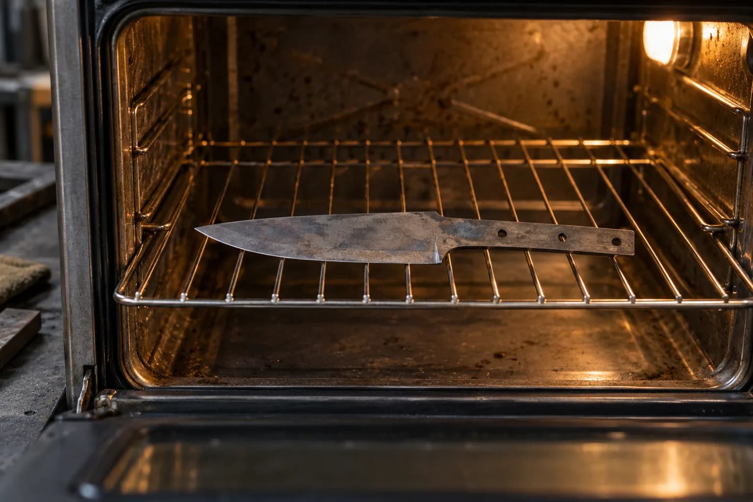 Gray knife blank with three tang holes lying flat on a wire oven rack, lit by the warm interior lamp.