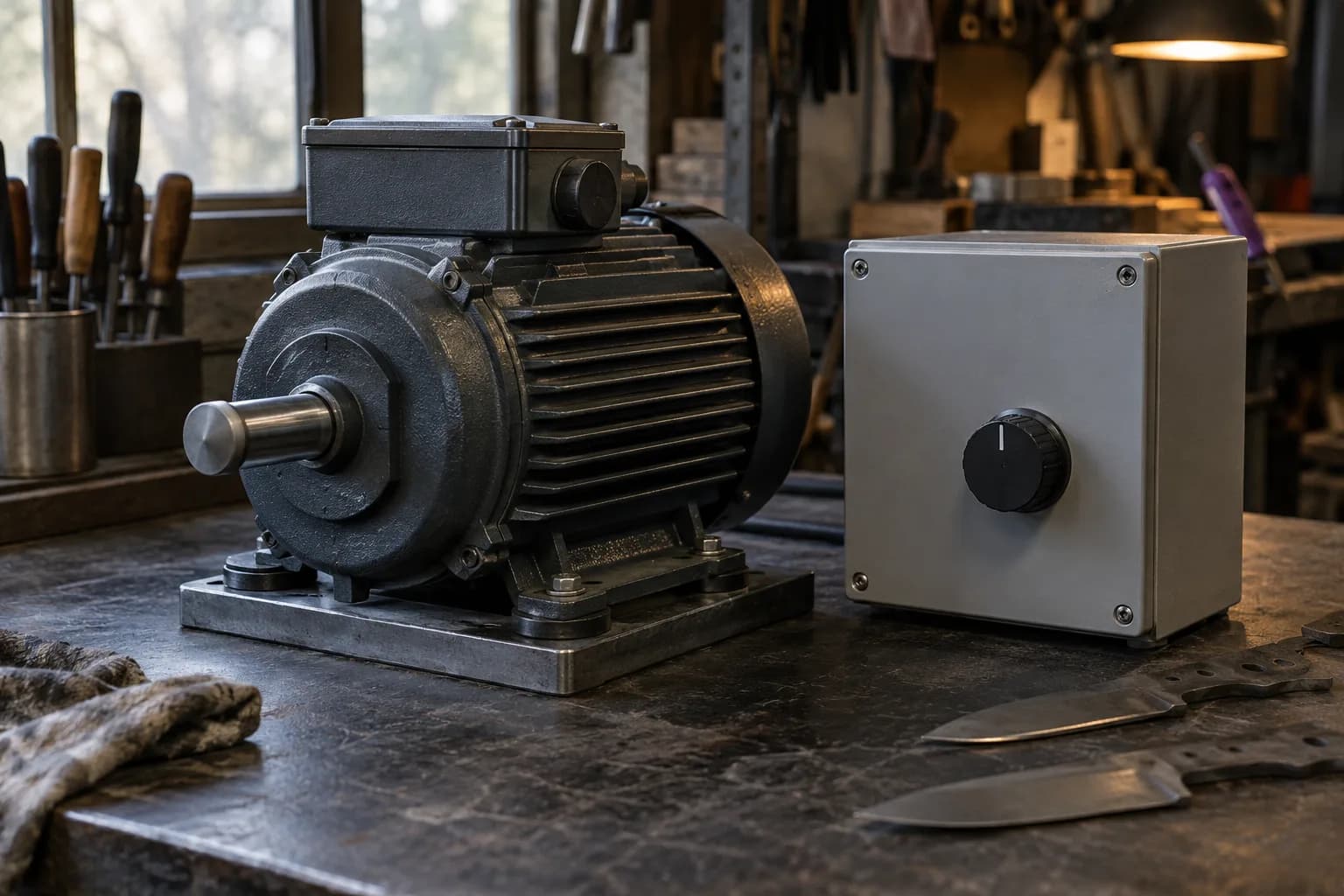 Finned electric motor bolted to a steel base beside a closed grey enclosure with a black rotary knob on a dark bench.