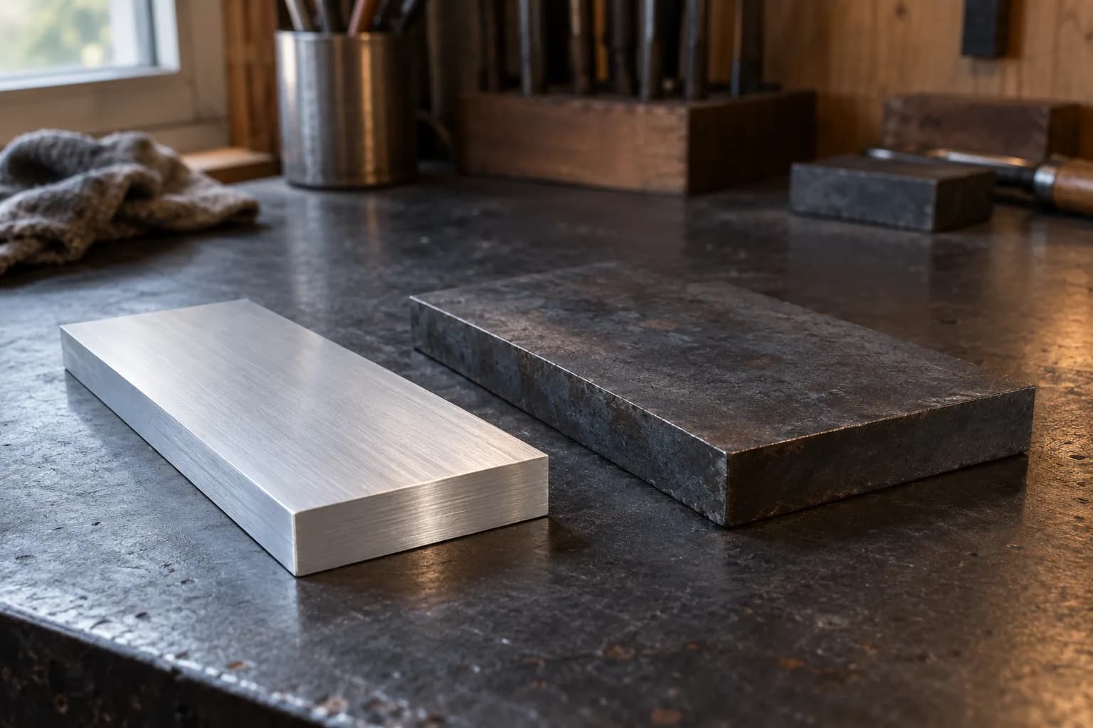 Bright brushed aluminum bar and thicker dark rough steel plate lying side by side on a charcoal workbench.