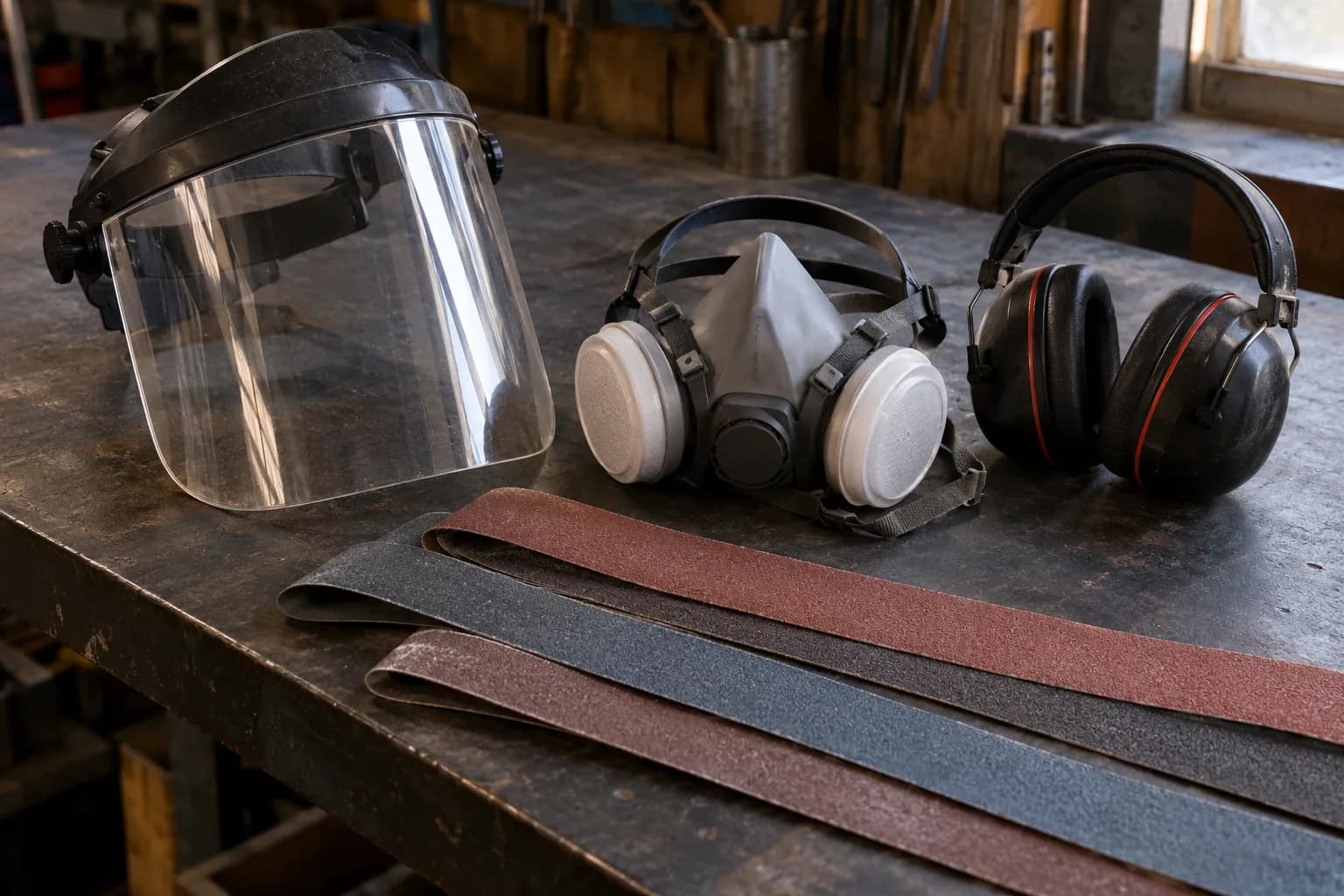 Clear face shield, half-mask respirator, earmuffs and cut abrasive belt strips laid out on a worn steel bench.