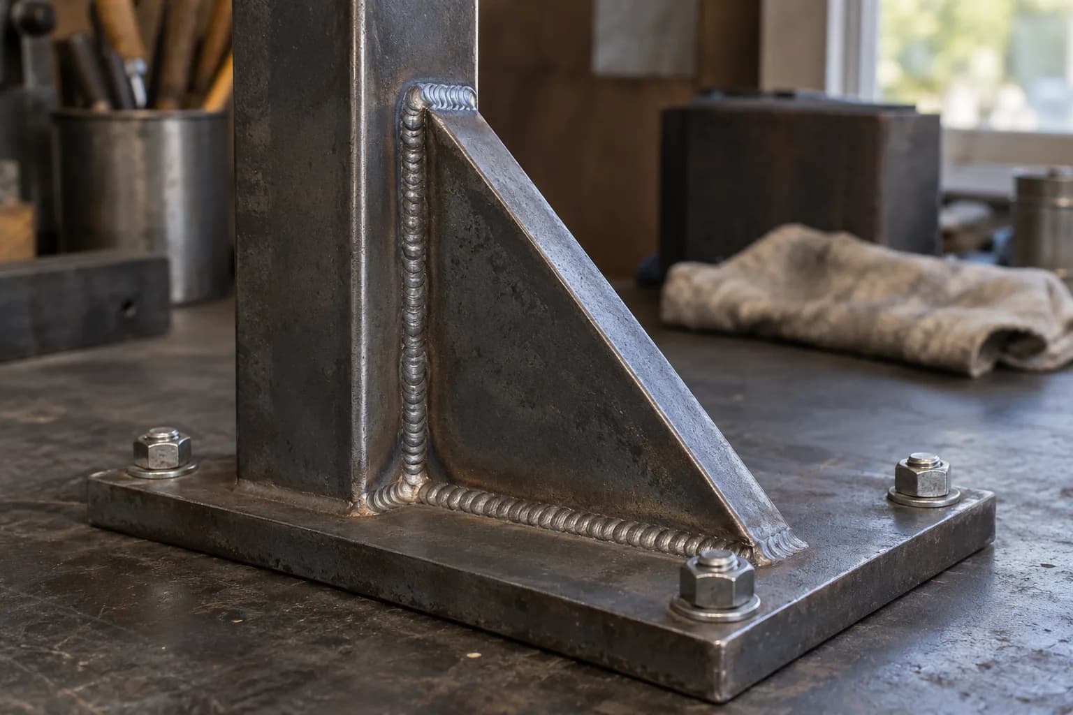 Welded steel upright with triangular gusset and bolted base plate on a dark workbench, stacked weld beads in focus.