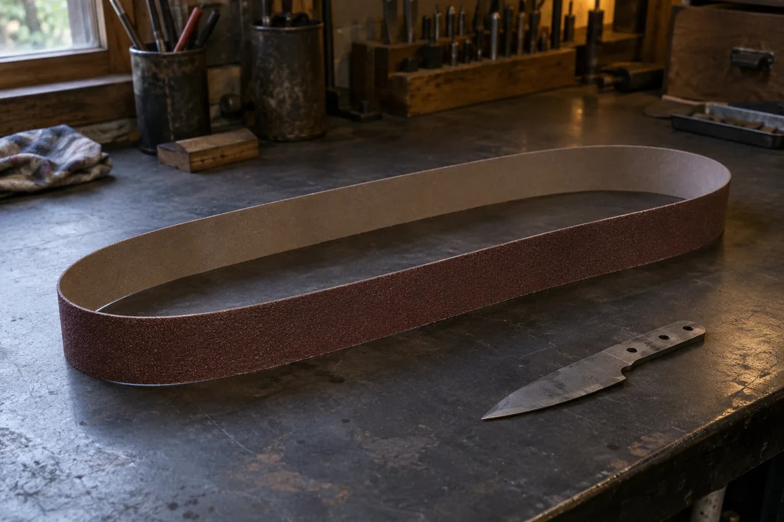Unprinted 2x72 abrasive belt standing on edge in a long oval on a dark steel bench beside an unhandled knife blank.