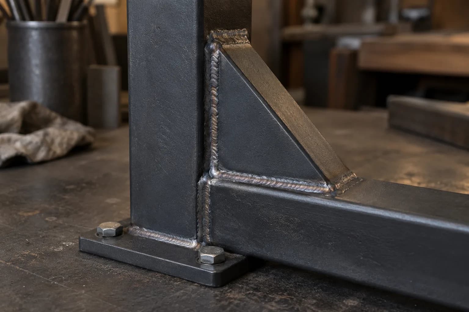 Close view of a welded square-tube steel frame corner with a triangular gusset and a base plate bolted to a bench.