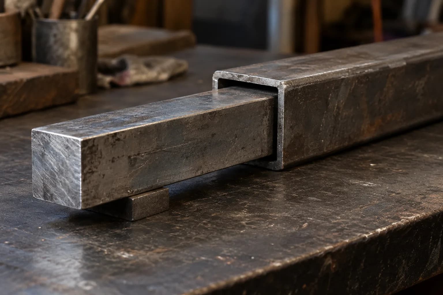 Solid square steel bar slid partway into a slightly larger square receiver tube on a dark steel shop bench.