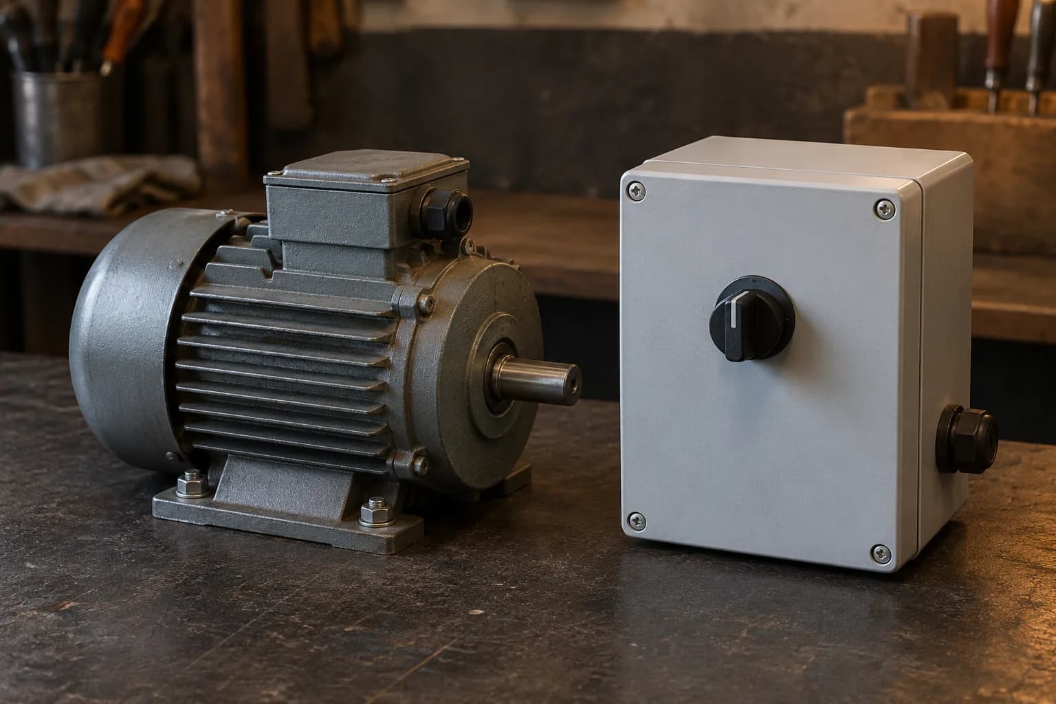 Unbranded finned electric motor bolted down on a shop bench beside a closed grey control box with one rotary knob.