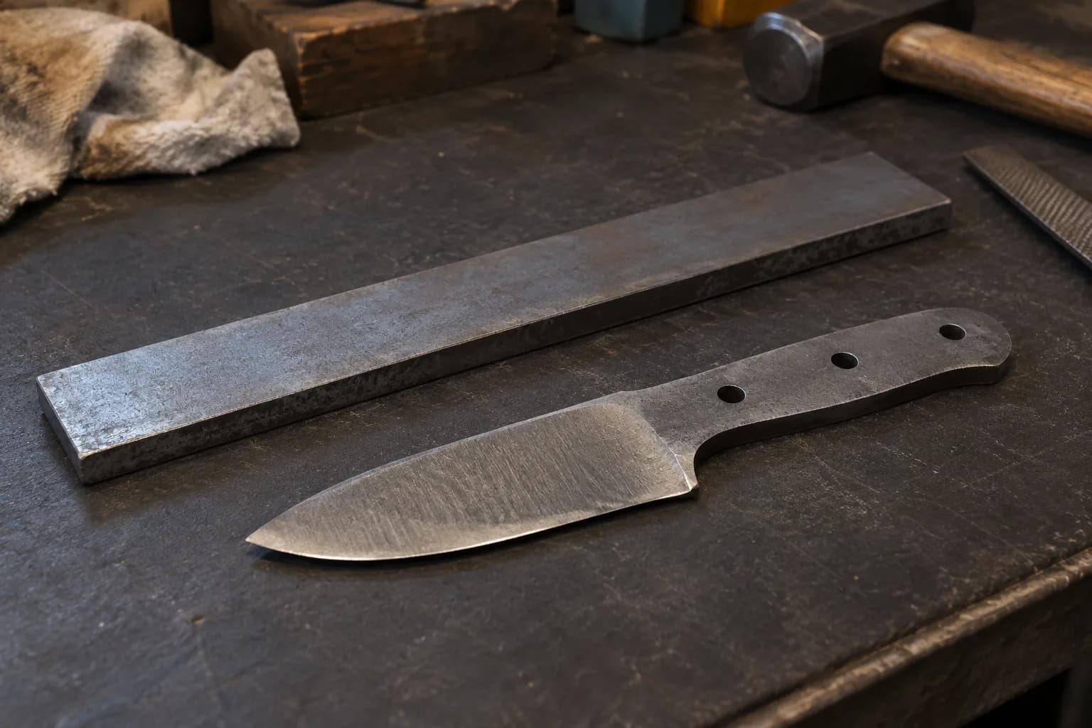 Plain steel flat bar beside an unhandled utility knife blank with three pin holes on a dark workbench