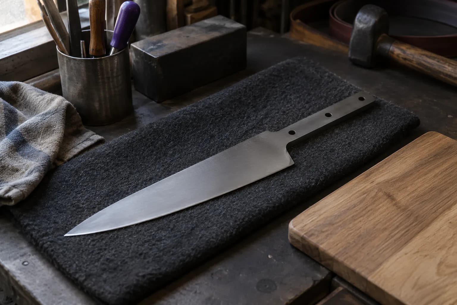 Unhandled chef's knife blank with three pin holes lying on dark felt beside a plain oak cutting board