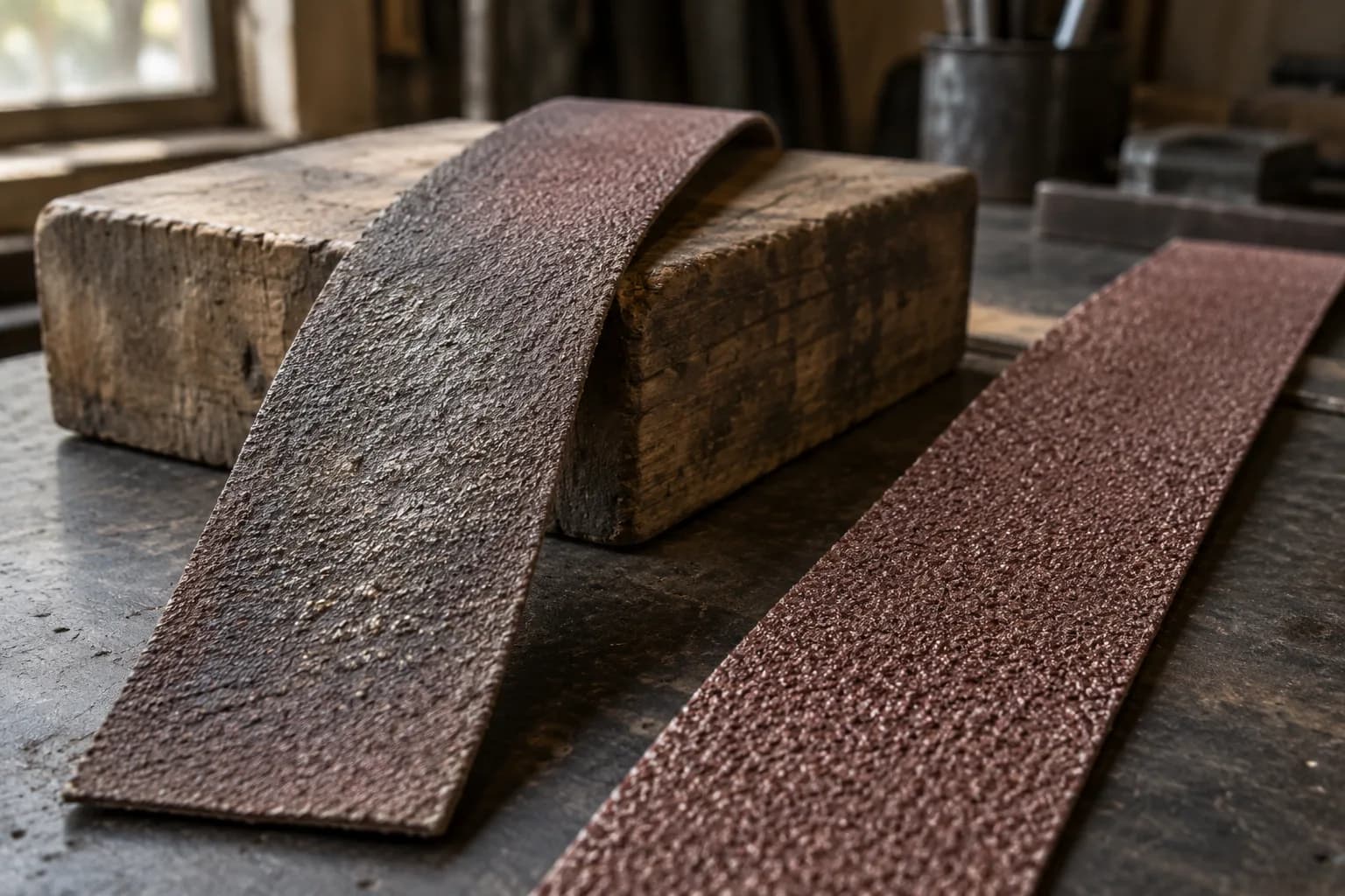 Worn, metal-loaded coarse abrasive strip draped over a wood block beside a fresh strip with sharp grain