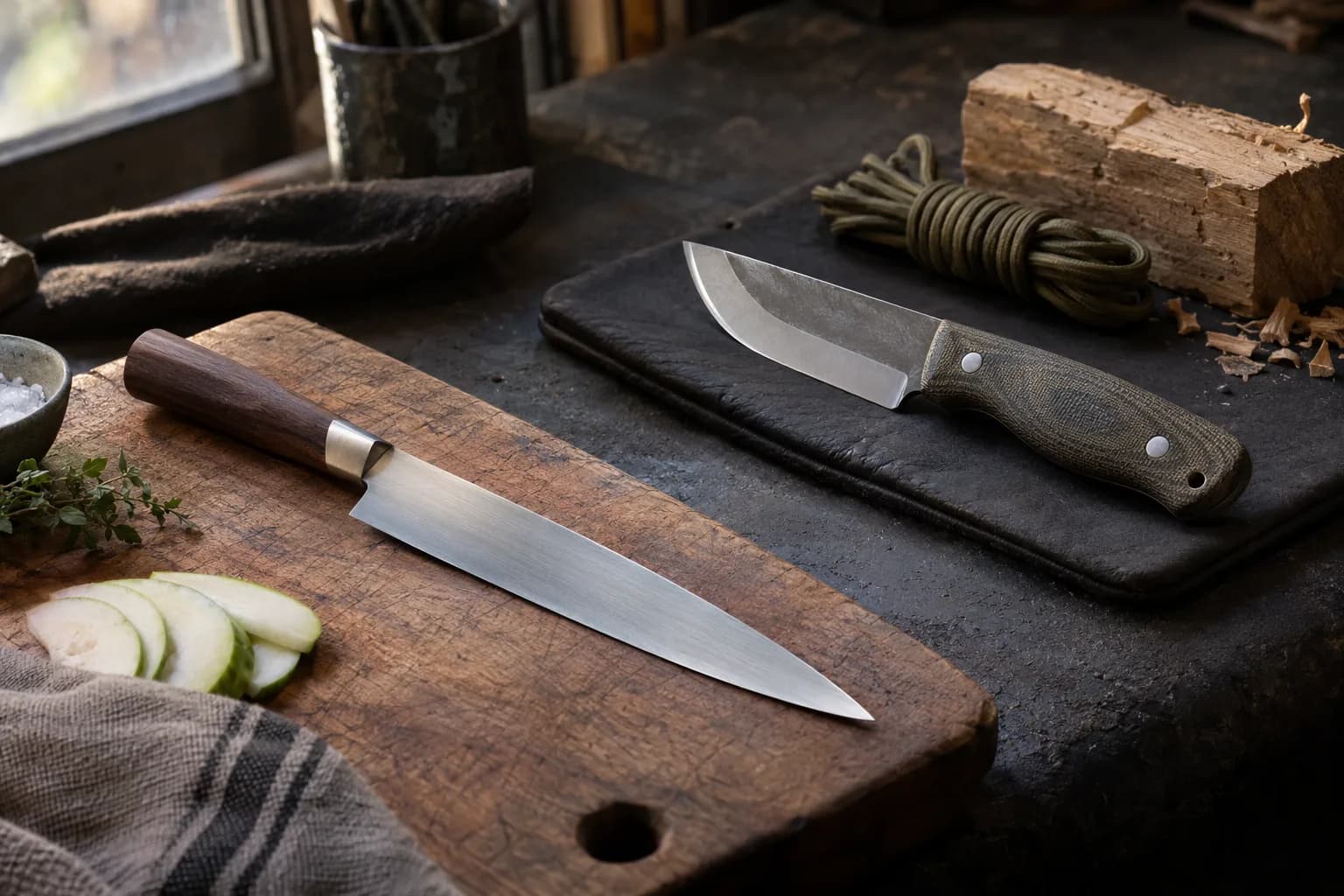 Thin walnut-handled kitchen slicer on a wood board beside a stout green-handled camp knife on a dark pad with cord and a log