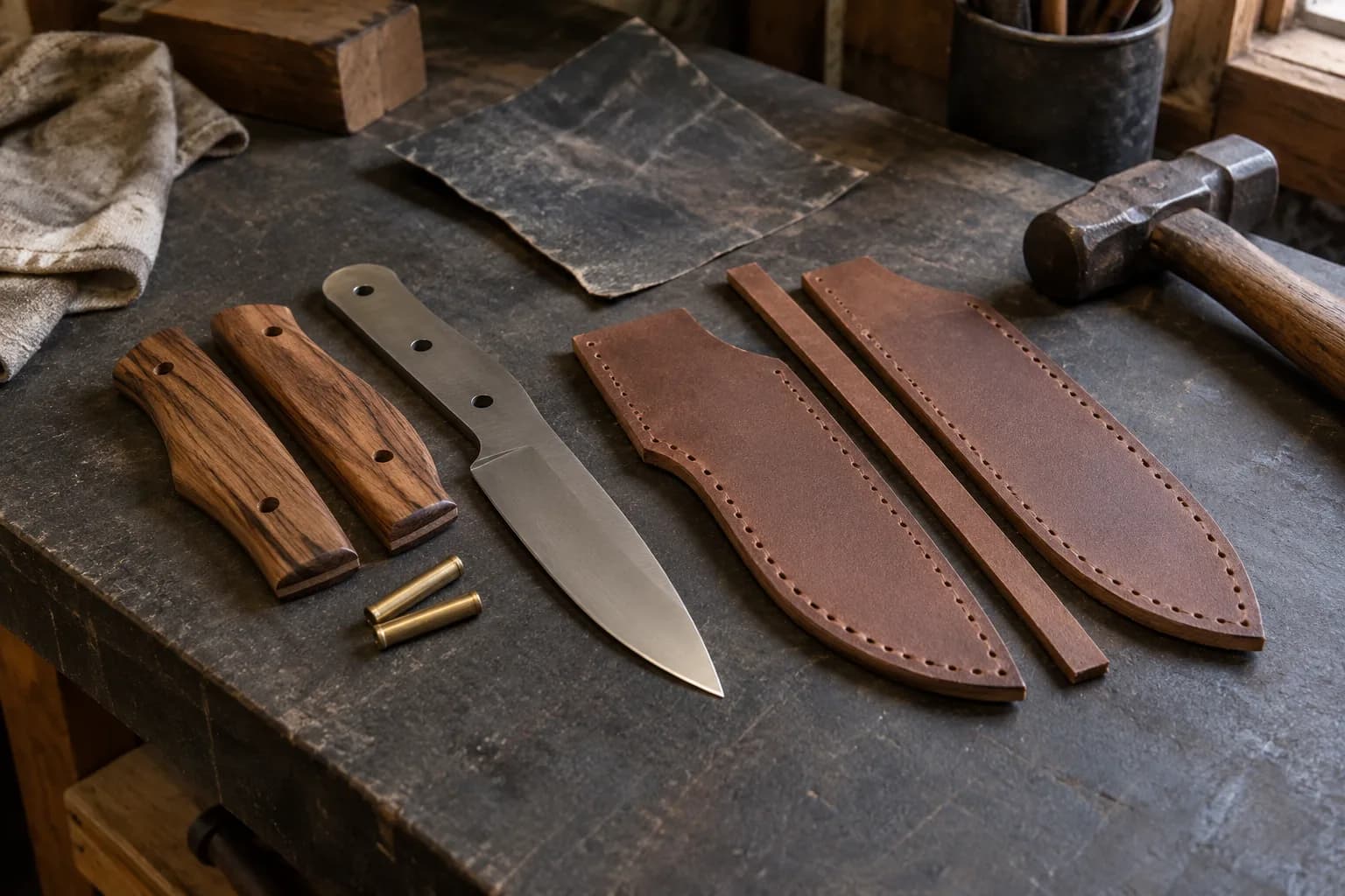 Knife blank, two walnut handle scales, brass pins, stitched leather sheath panels and welt strip on a dark bench.