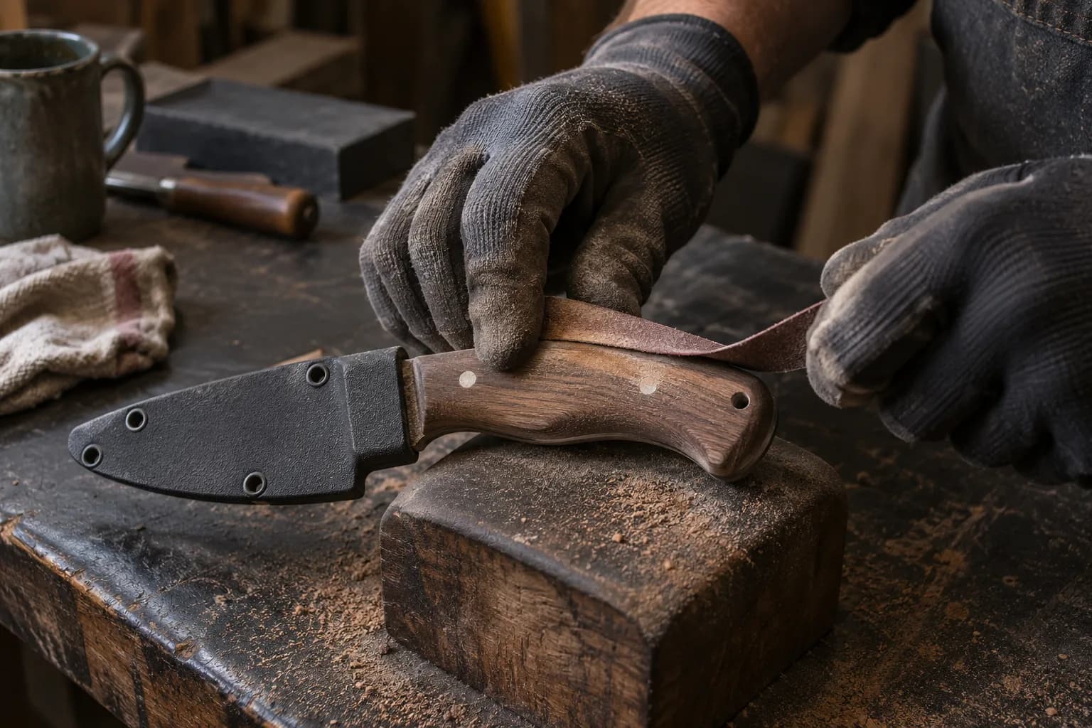 Gloved hands pull an abrasive strip over a wood knife handle on a block, the blade covered by a black guard, dust on the bench.