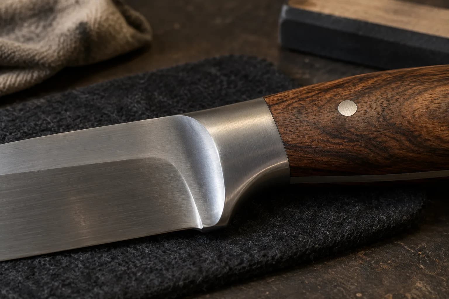Close view of a polished knife blade running into a continuous steel bolster and a walnut handle with one pin, on dark felt.