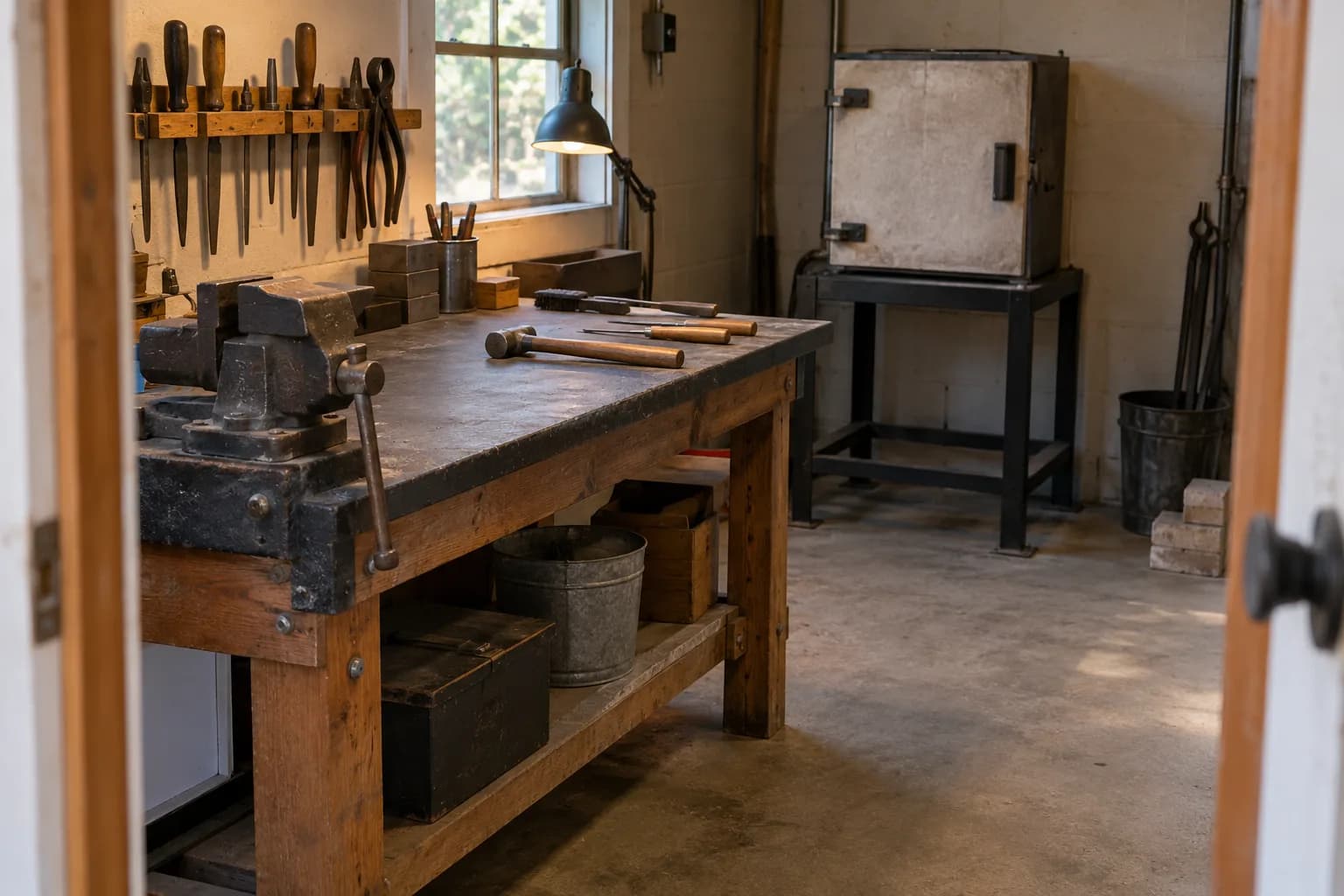 Small knife shop seen from the doorway: bolted vise and hand tools on a plank bench, with a closed kiln on a steel stand.