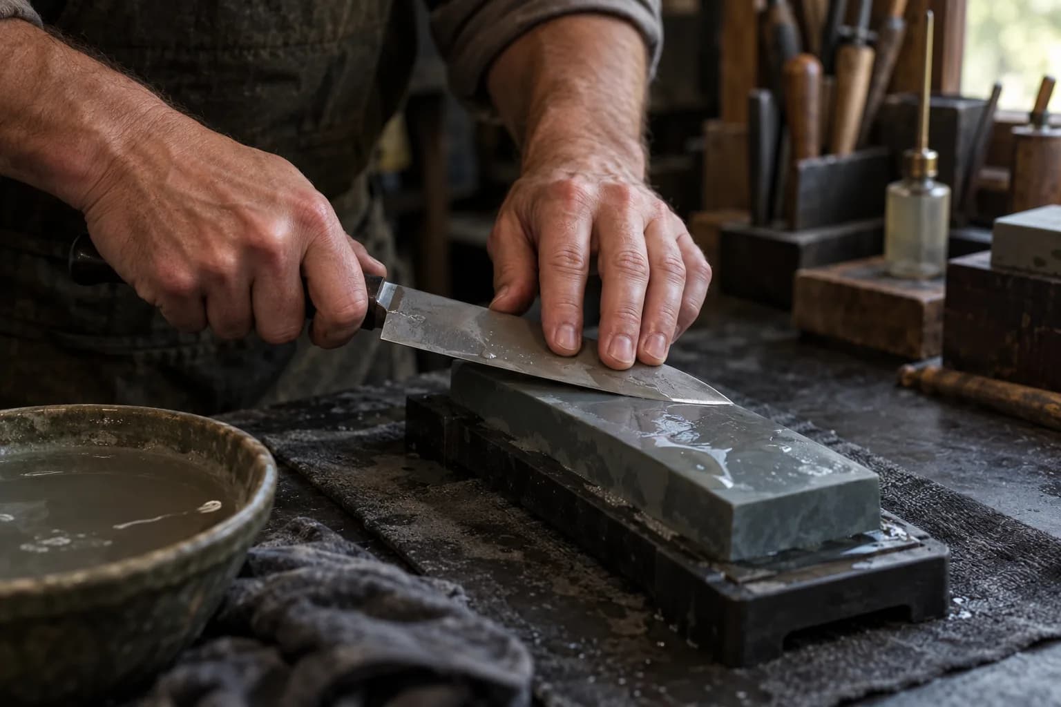 Hands hold a kitchen knife at a low angle on a wet whetstone in a holder, with a bowl of water beside it