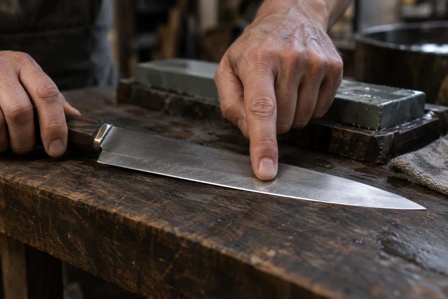 Index fingertip on a kitchen knife's bevel just behind the edge, other hand on the handle, wet stone behind