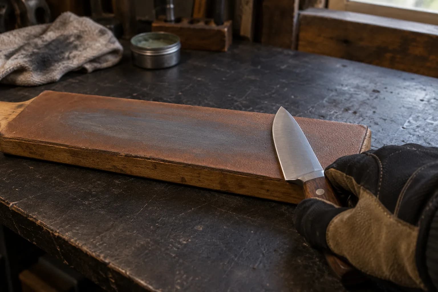 Gloved hand holds a chef's knife flat across the end of a leather strop paddle, edge facing back along the leather