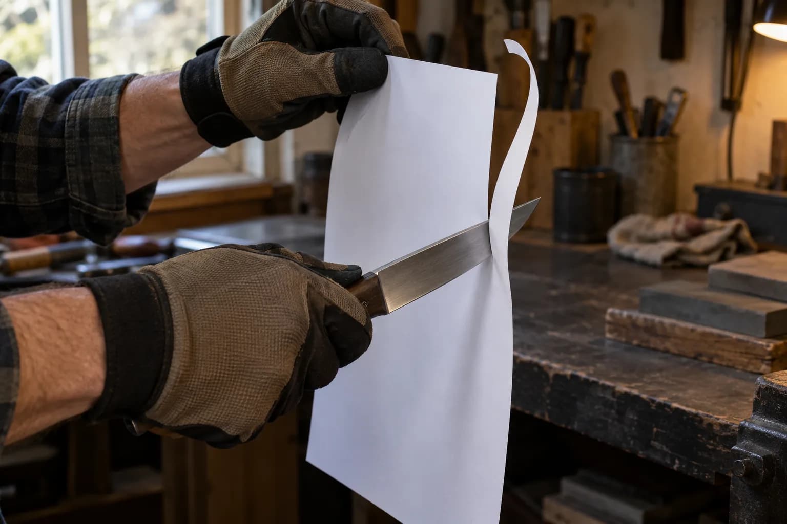 Gloved hands slice a knife down through a hanging blank sheet, a thin ribbon of paper curling free from its edge