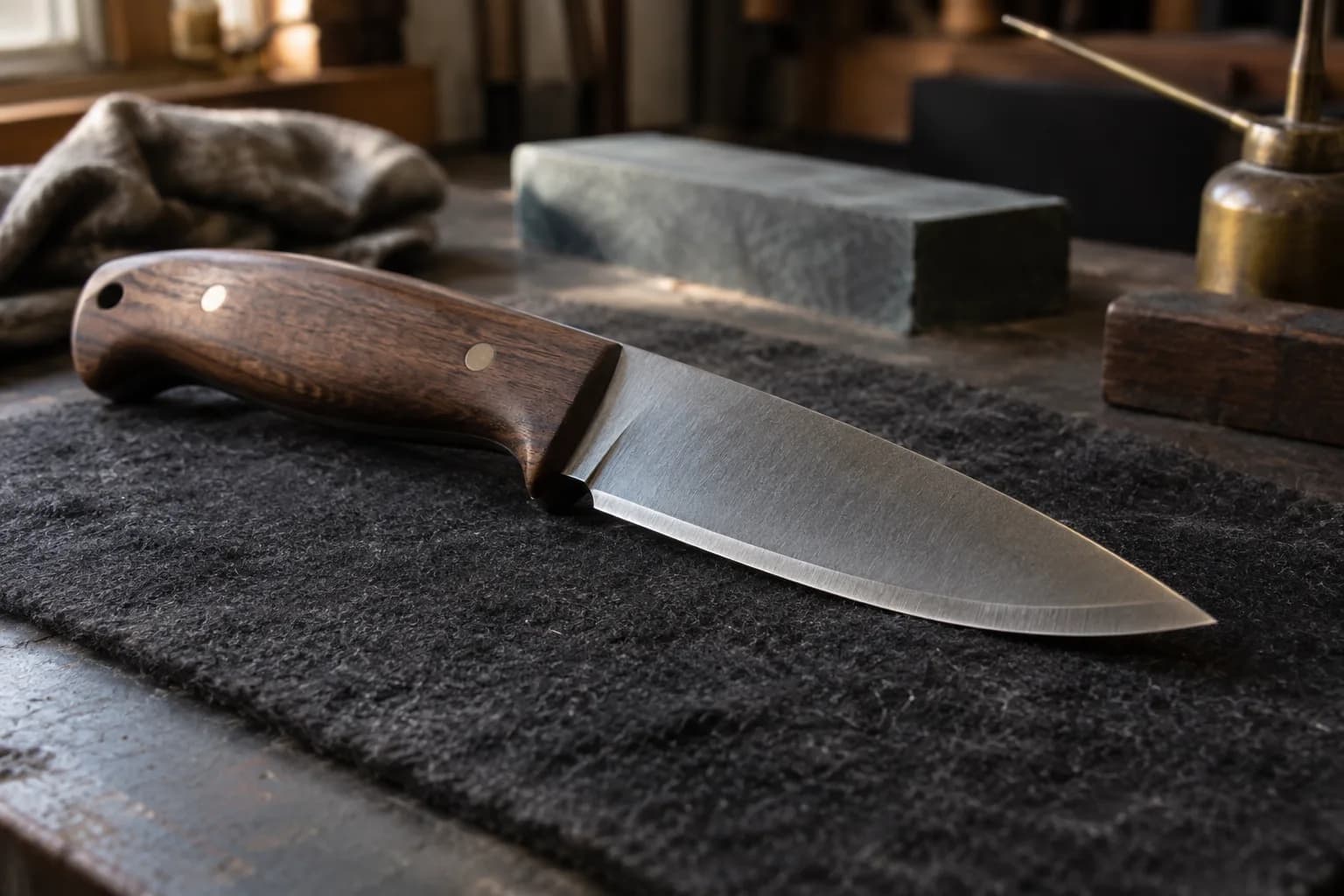 Hunting knife with a walnut handle and brass pins lying on a charcoal felt pad, raking light showing its edge bevel.