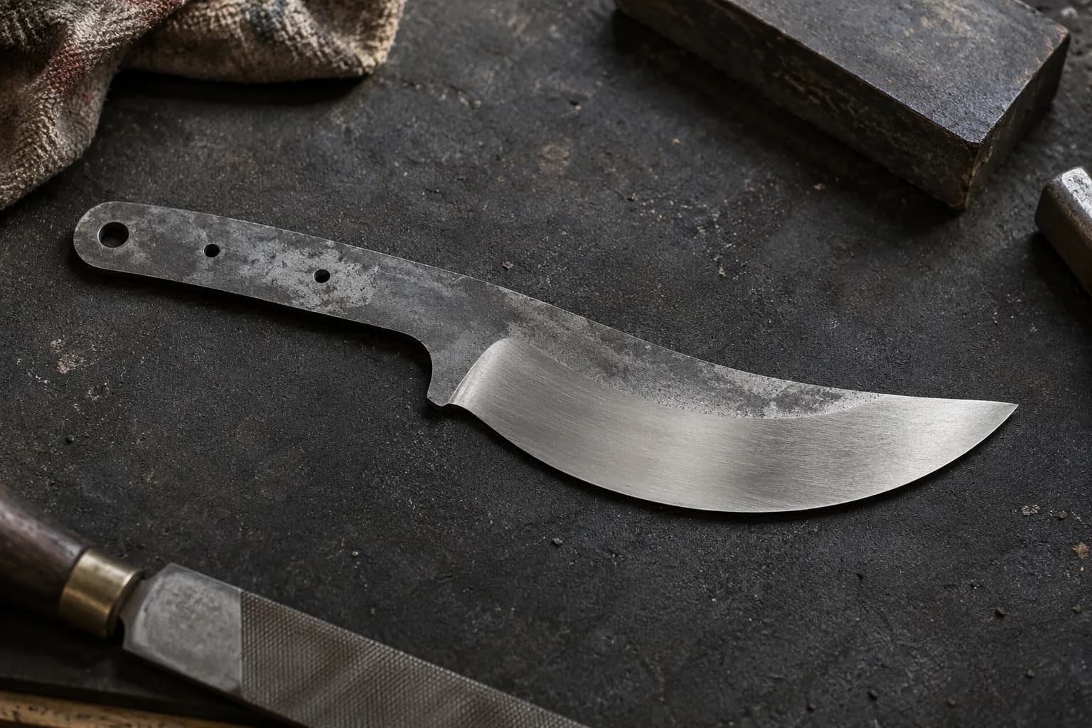 Unhandled skinning-knife blank with a smooth curved belly lying on a dark bench beside a file and a stone.