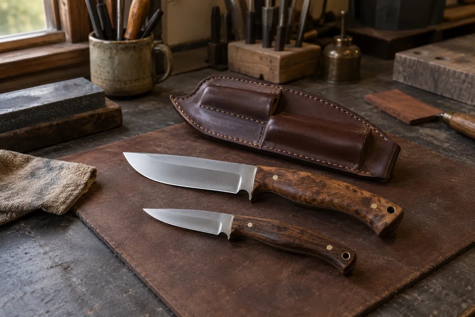 Finished hunting knife beside a smaller fine-point caping knife on a leather pad, with a two-pocket leather sheath behind.