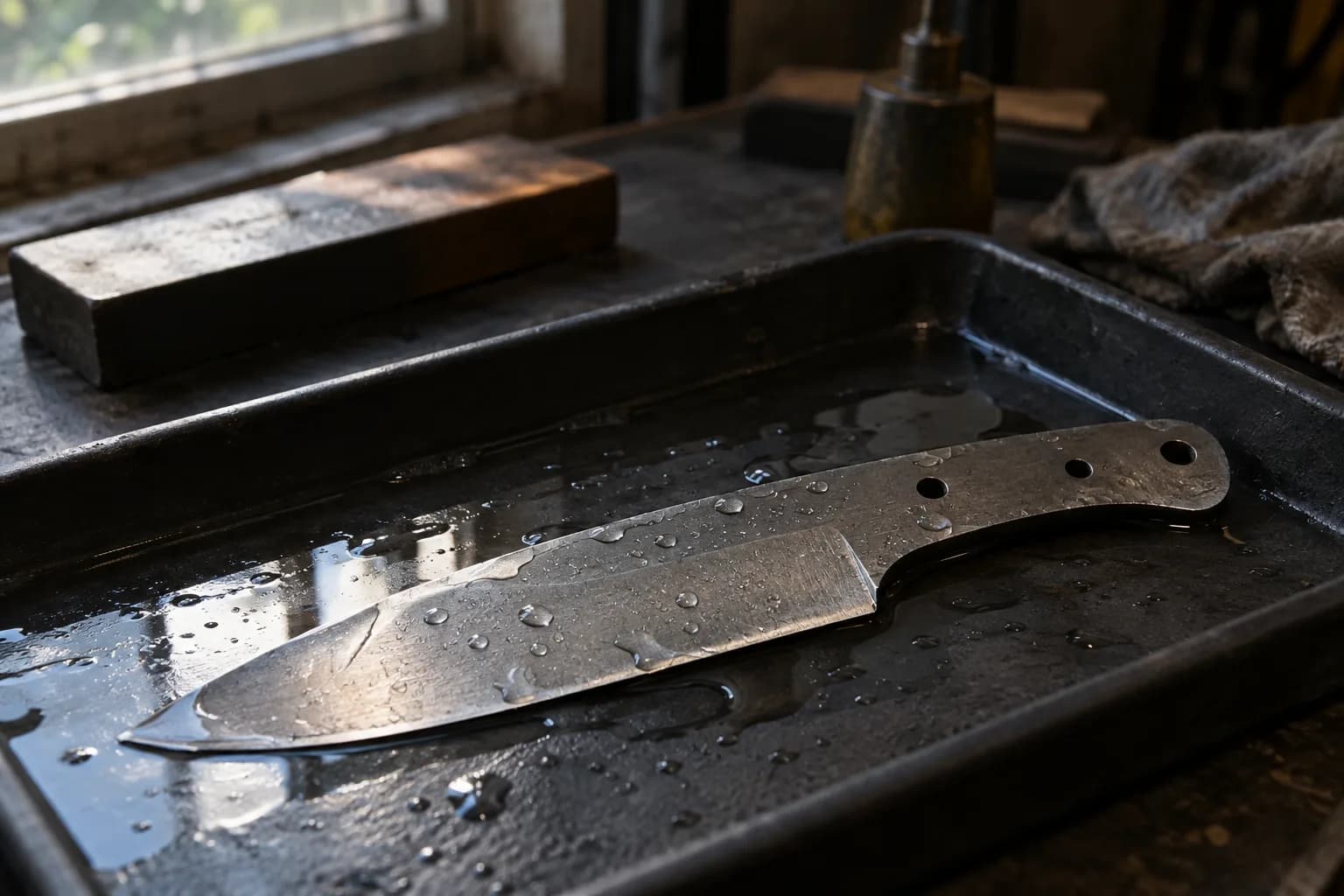 Wet unhandled knife blade with water droplets lies flat in a shallow dark tray beside a wood block and a rag.