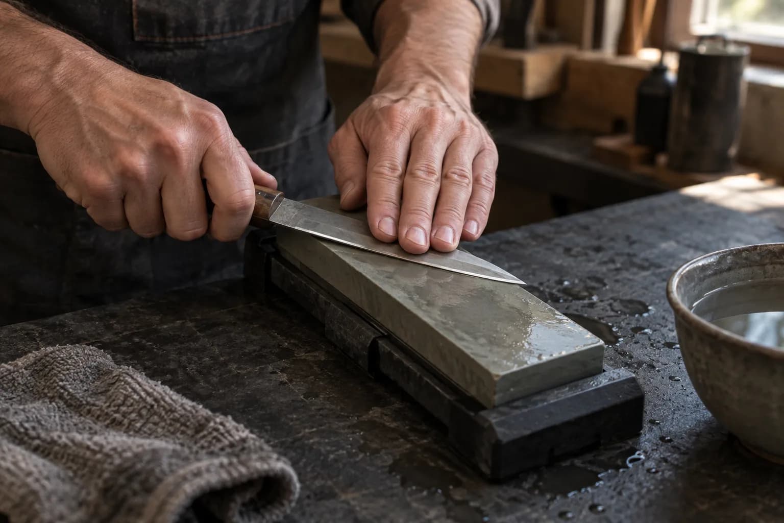 Hands guide a plain knife blade along a wet sharpening stone seated in a nonslip holder, with a bowl of water and a rag nearby.