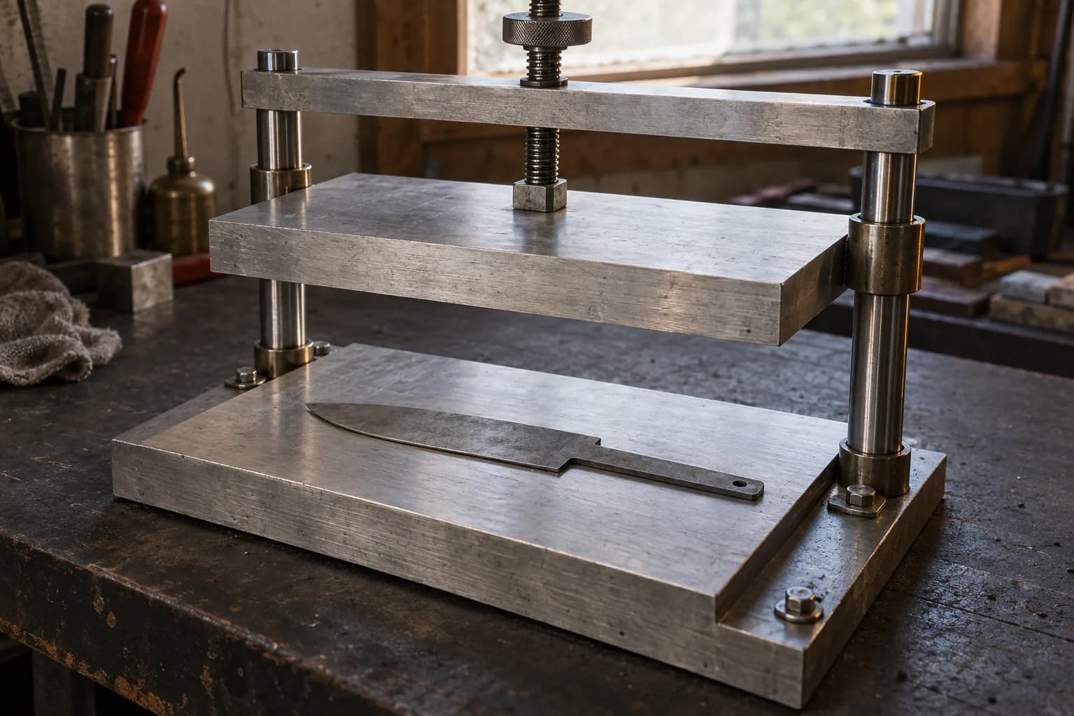 Thin knife blank lies on a lower metal plate under a raised parallel upper plate held by two guide posts and a screw.