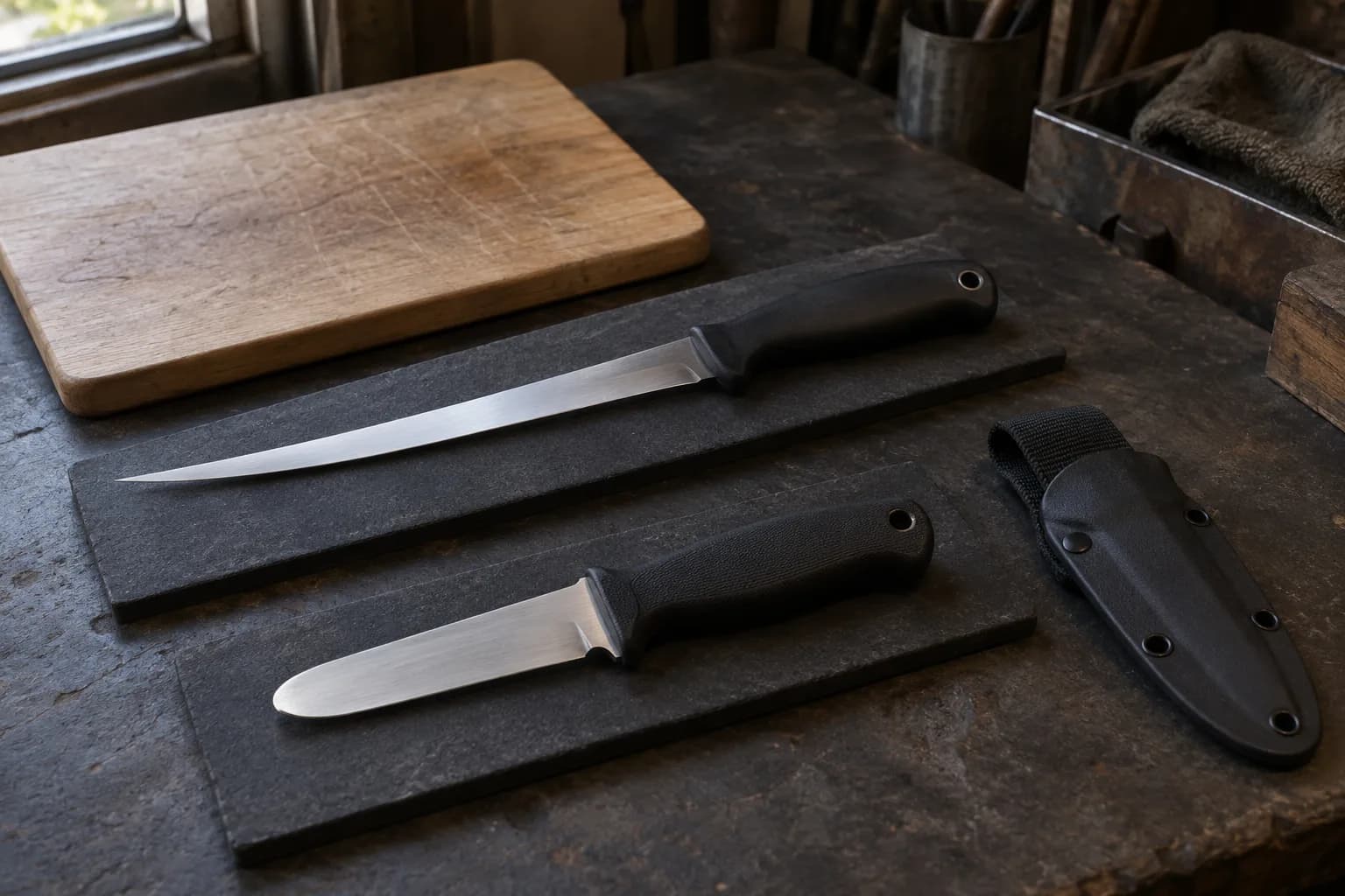 Slim fillet knife and a blunt-tip dive knife lie on separate dark pads, with a cutting board behind and a black sheath beside.