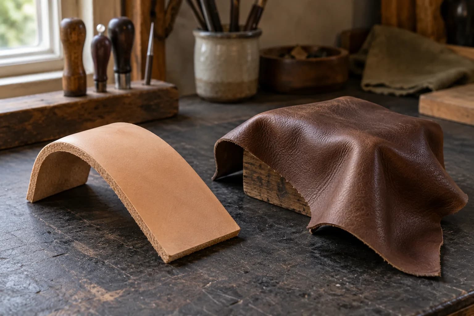 Tan firm leather strip holding an arch beside soft brown leather draped over a wooden block on a dark bench