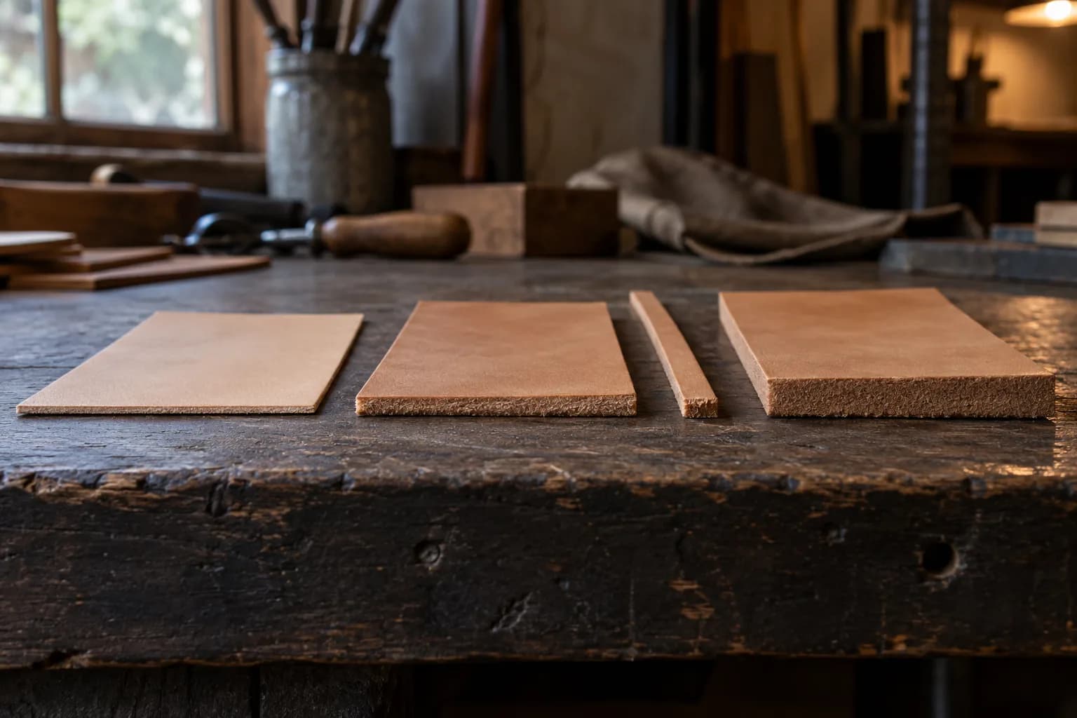 Thin, medium and thick tan leather offcuts and a narrow welt strip lying in a row, cut edges toward camera