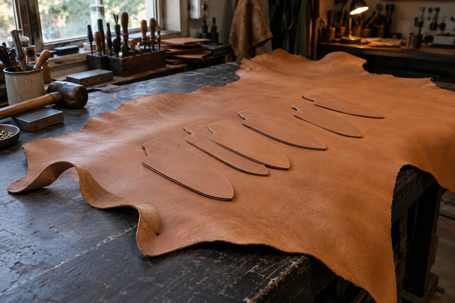 Natural leather hide spread across a dark workbench with six sheath-shaped blanks laid on top