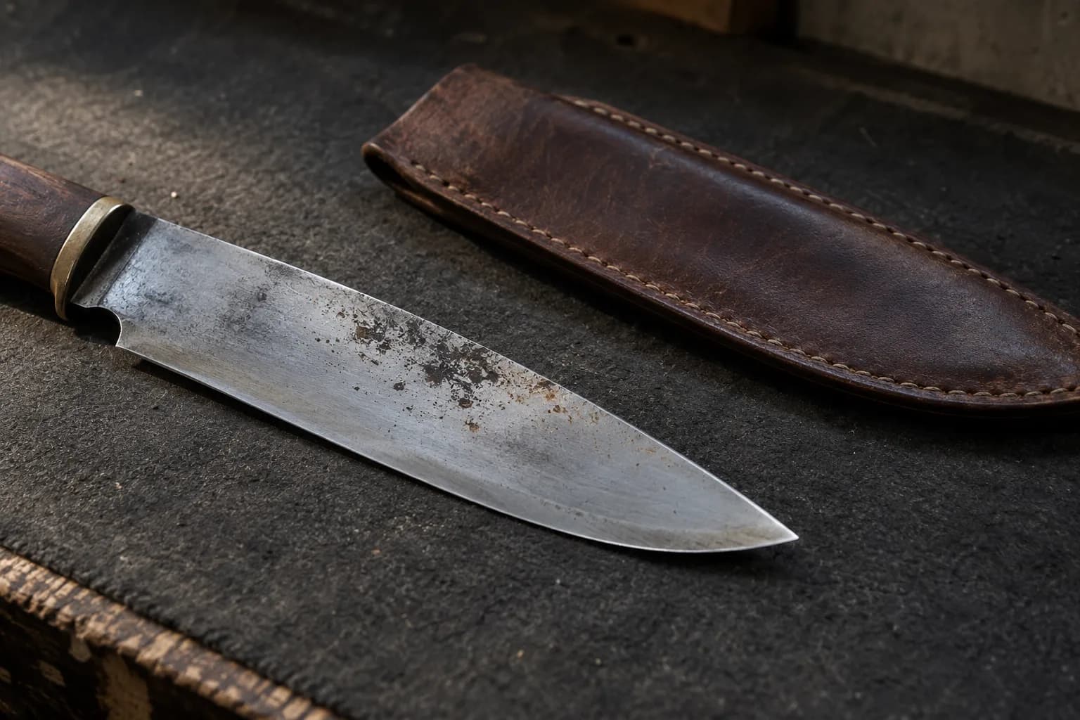 Knife blade with scattered rust spots and light pitting on its flat, lying beside a stitched brown leather sheath on a dark pad