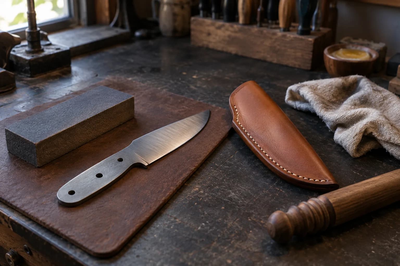 Satin-finished knife blank on a leather pad beside a stitched tan sheath, a hardwood slicker and a finishing rag