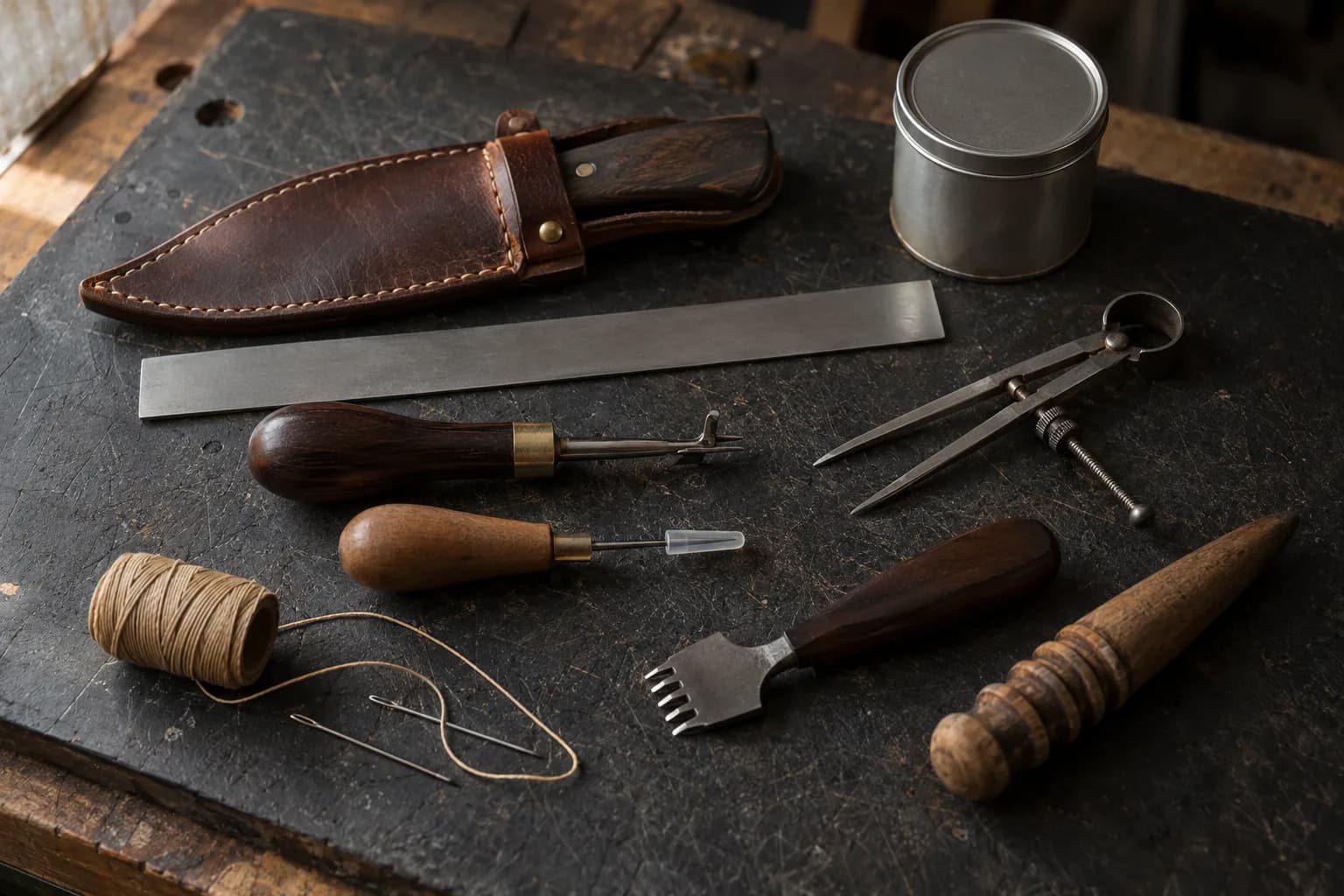 Overhead view of sheath-making tools: sheathed knife, steel rule, dividers, groover, awl, needles, thread, fork and slicker