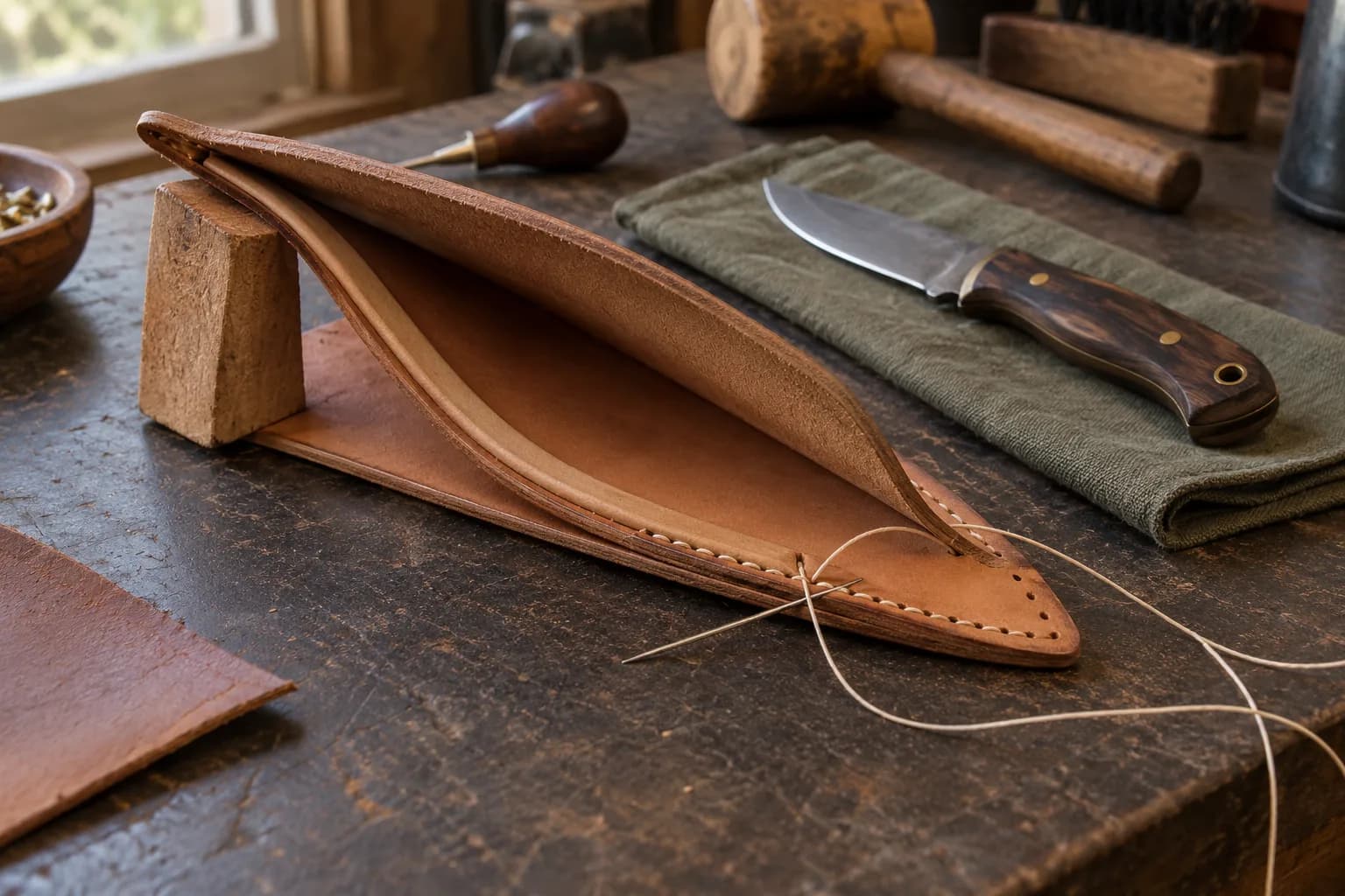 Open fold-over sheath propped on a wooden block showing the welt between two panels, with needle, thread and a knife nearby