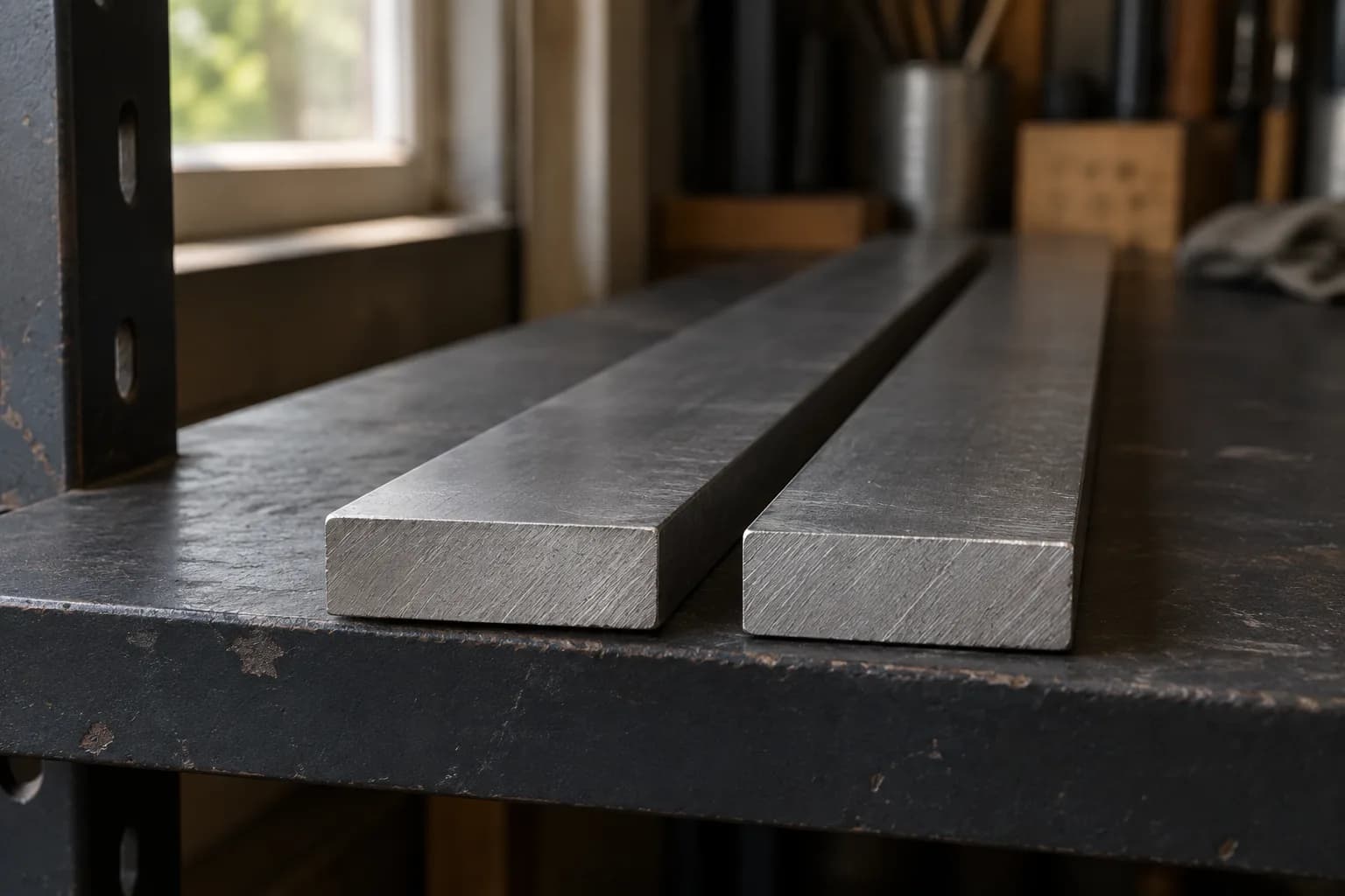 Two plain steel bars of matching rectangular section lying side by side on a worn steel shop shelf near a window.