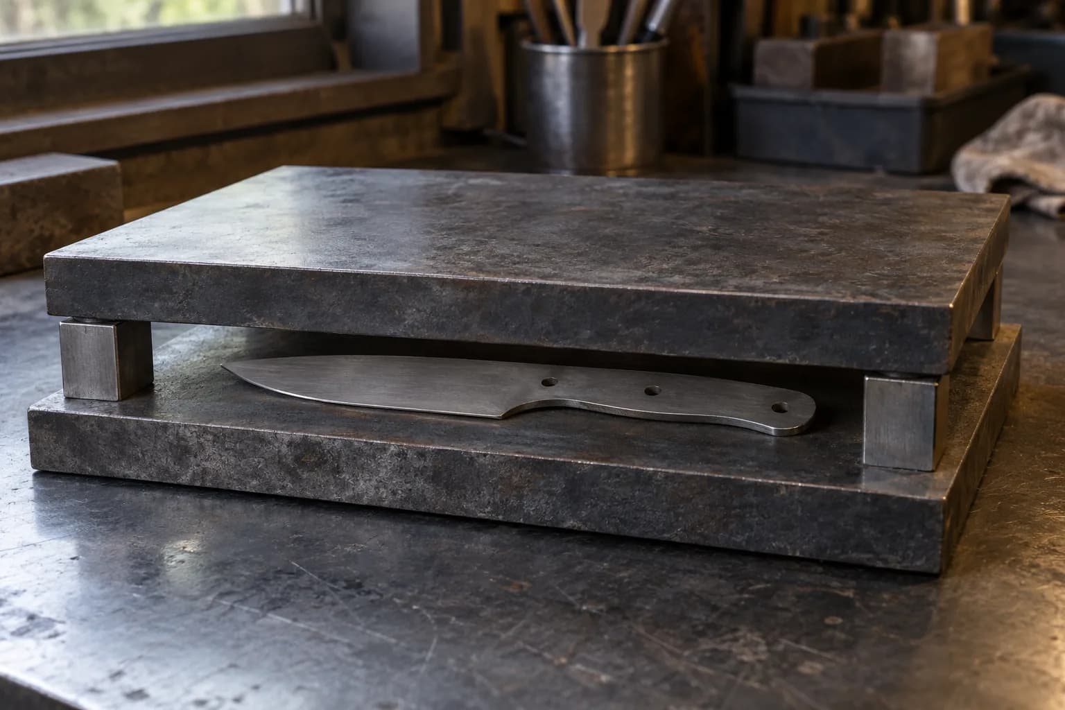 Cold unhandled knife blank lying flat on a thick steel plate with a second plate held above it on spacer blocks.
