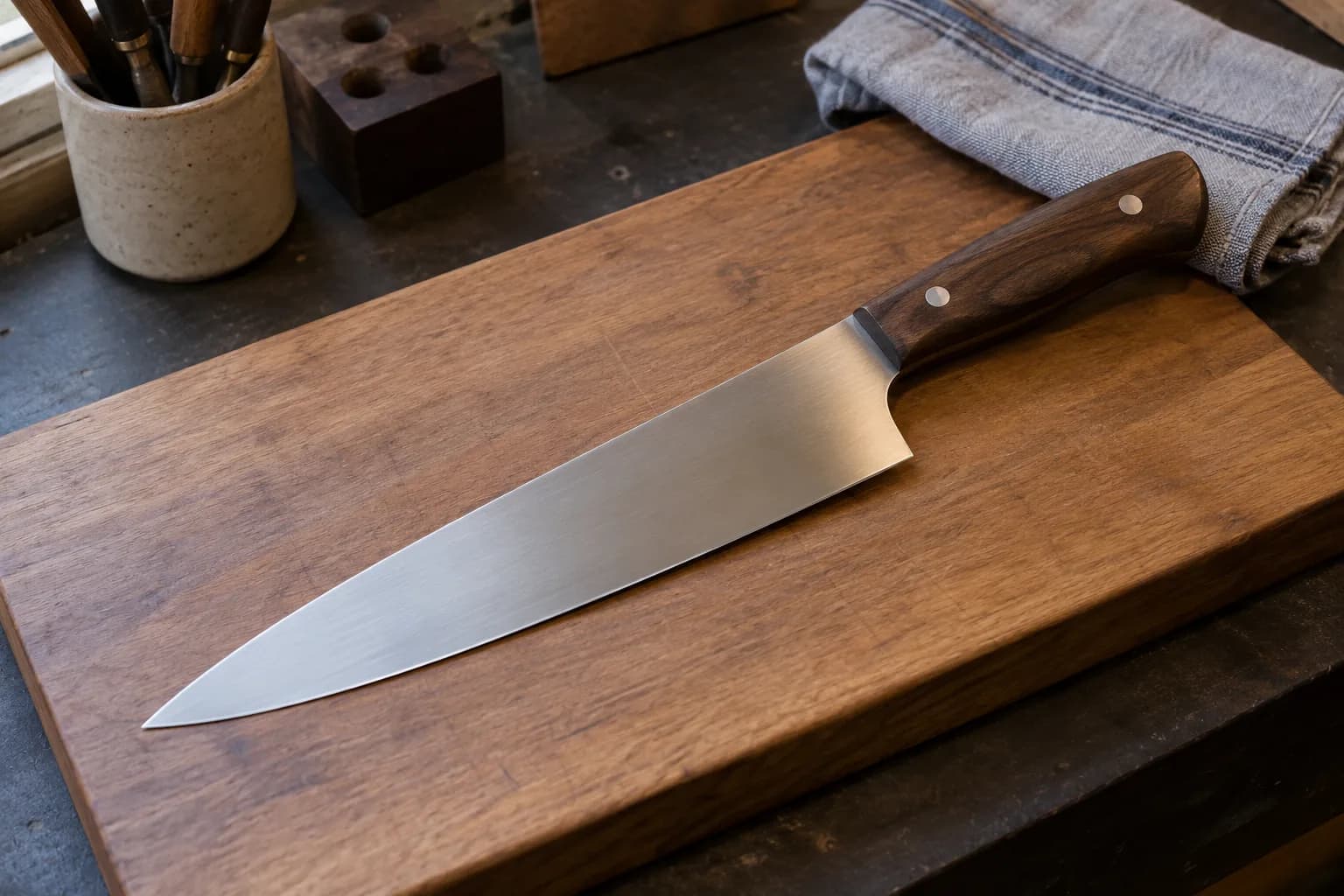 Finished chef's knife with a dark wood handle lying flat on a wooden board beside a folded striped cloth.