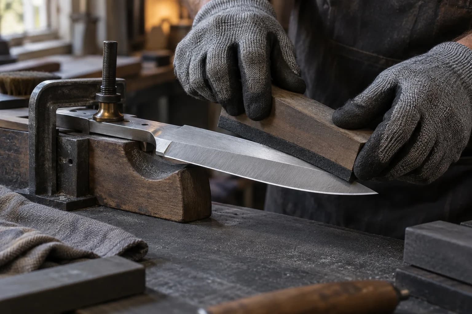 Gloved hands draw an abrasive block along the bevel of a clamped knife blade on a wooden support.