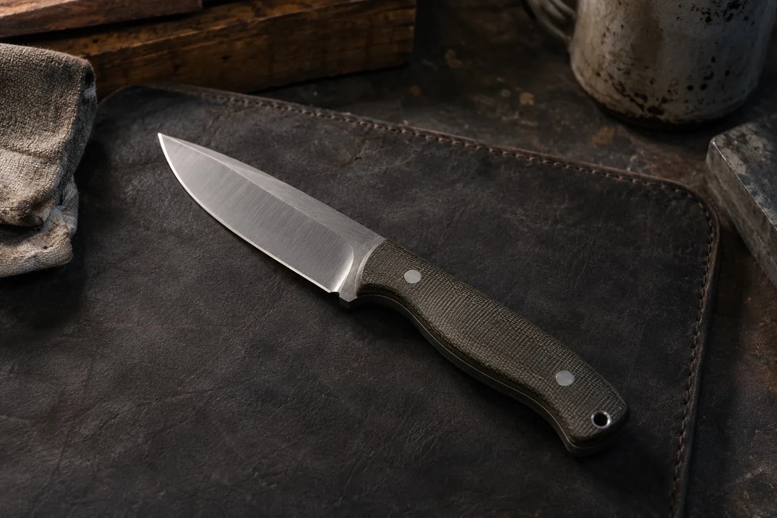 Finished drop-point utility knife with a green micarta handle lying on a dark leather pad beside a shop rag