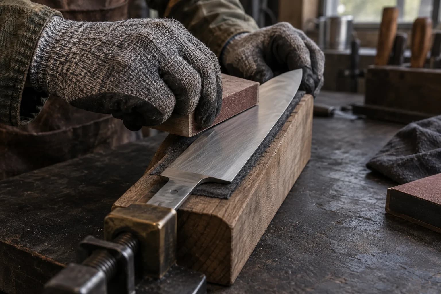 Gloved hands draw a flat sanding block along a clamped kitchen knife blade resting on a wooden support