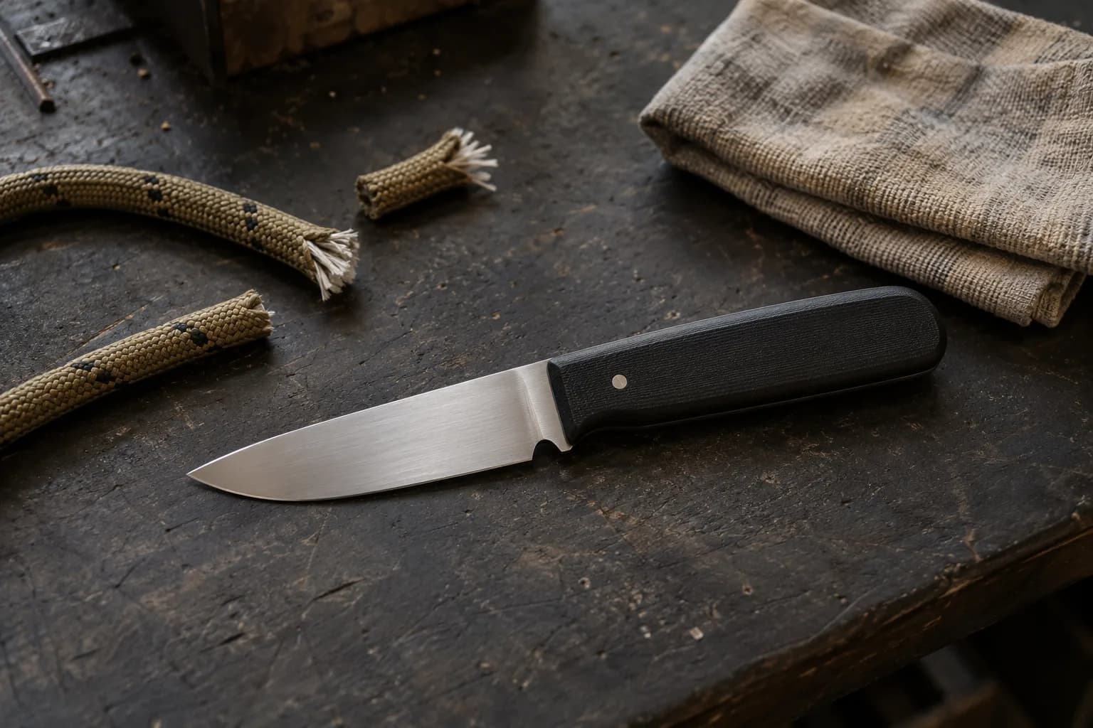 Satin-finished utility knife with a black micarta handle lying beside cut paracord and a folded cloth on a dark bench