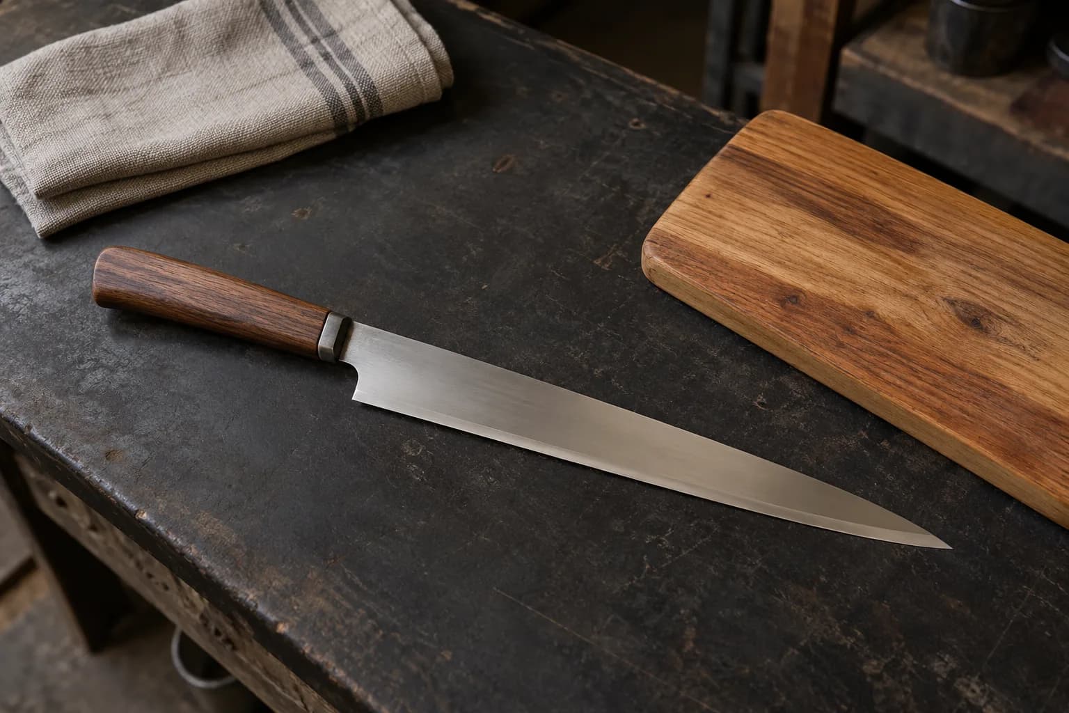 Slender AEB-L slicing knife with a rosewood-colored handle lying on a dark bench beside a wooden board and folded cloth