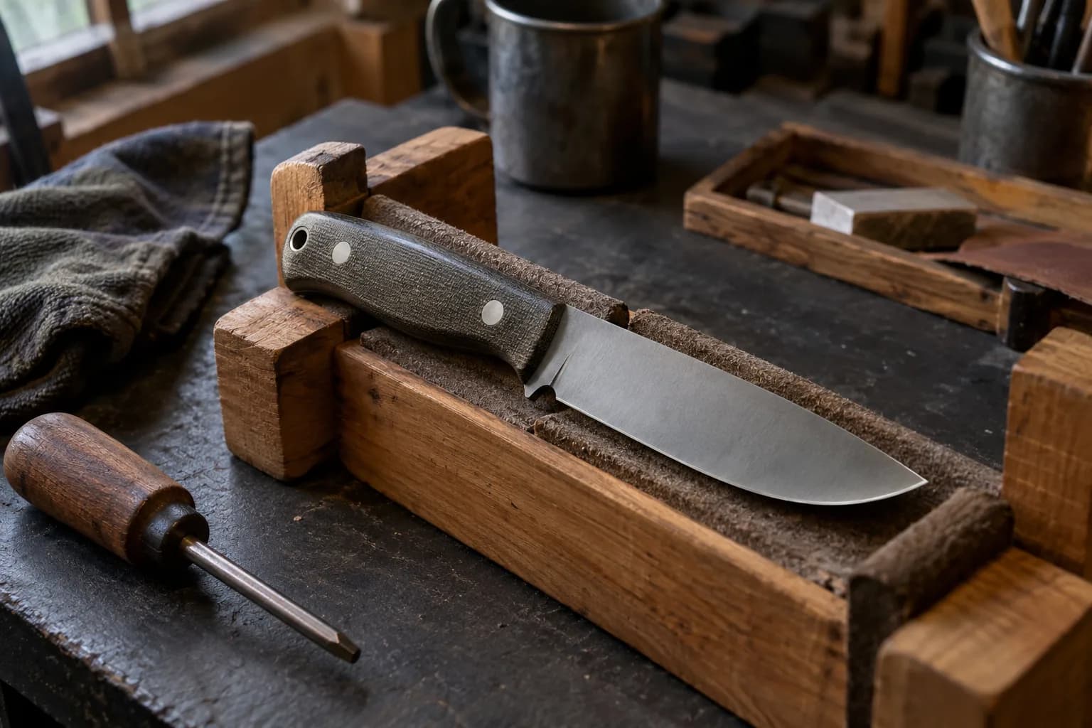 Drop-point fixed knife with a green textured handle resting in a felt-lined wooden cradle on a dark bench.