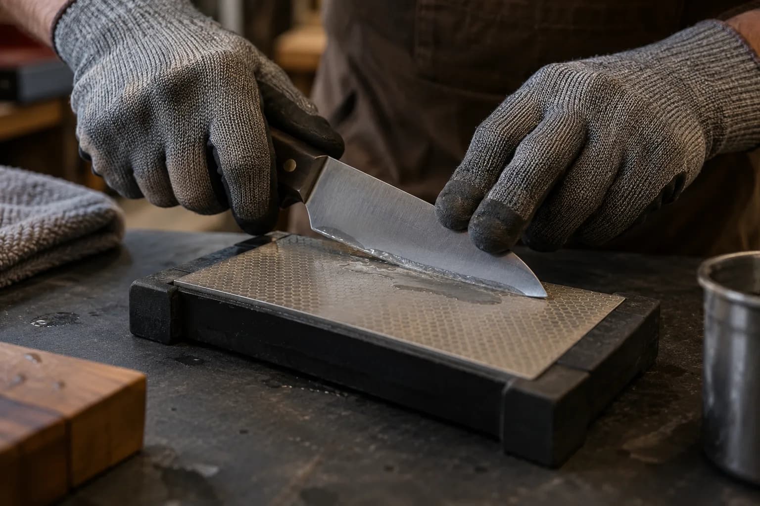 Gloved hands draw a plain knife edge across a diamond plate held in a dark block, with a little slurry at the contact.