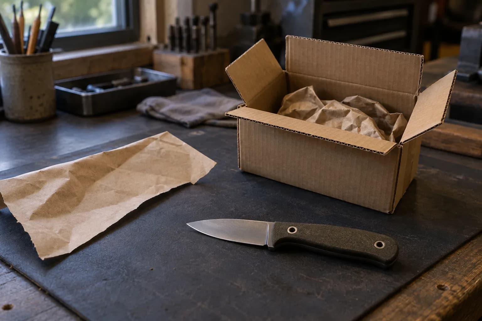 Plain fixed-blade utility knife lying on a dark pad beside an opened cardboard parcel with crumpled paper and a loose paper sheet.