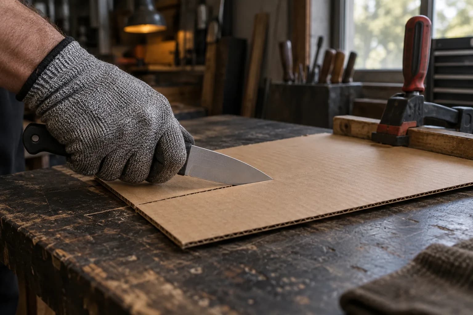 Gloved hand drawing a drop-point knife along a clean slit in corrugated cardboard clamped on a dark workbench.