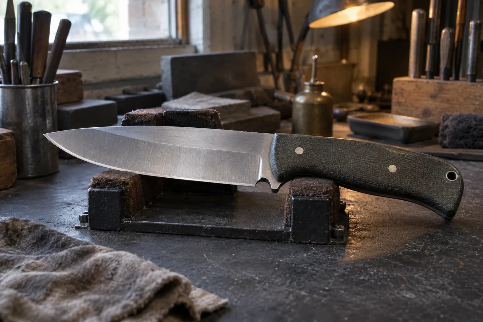 Drop-point field knife with dark pinned handle resting on two felt blocks in a cast fixture on a charcoal bench.