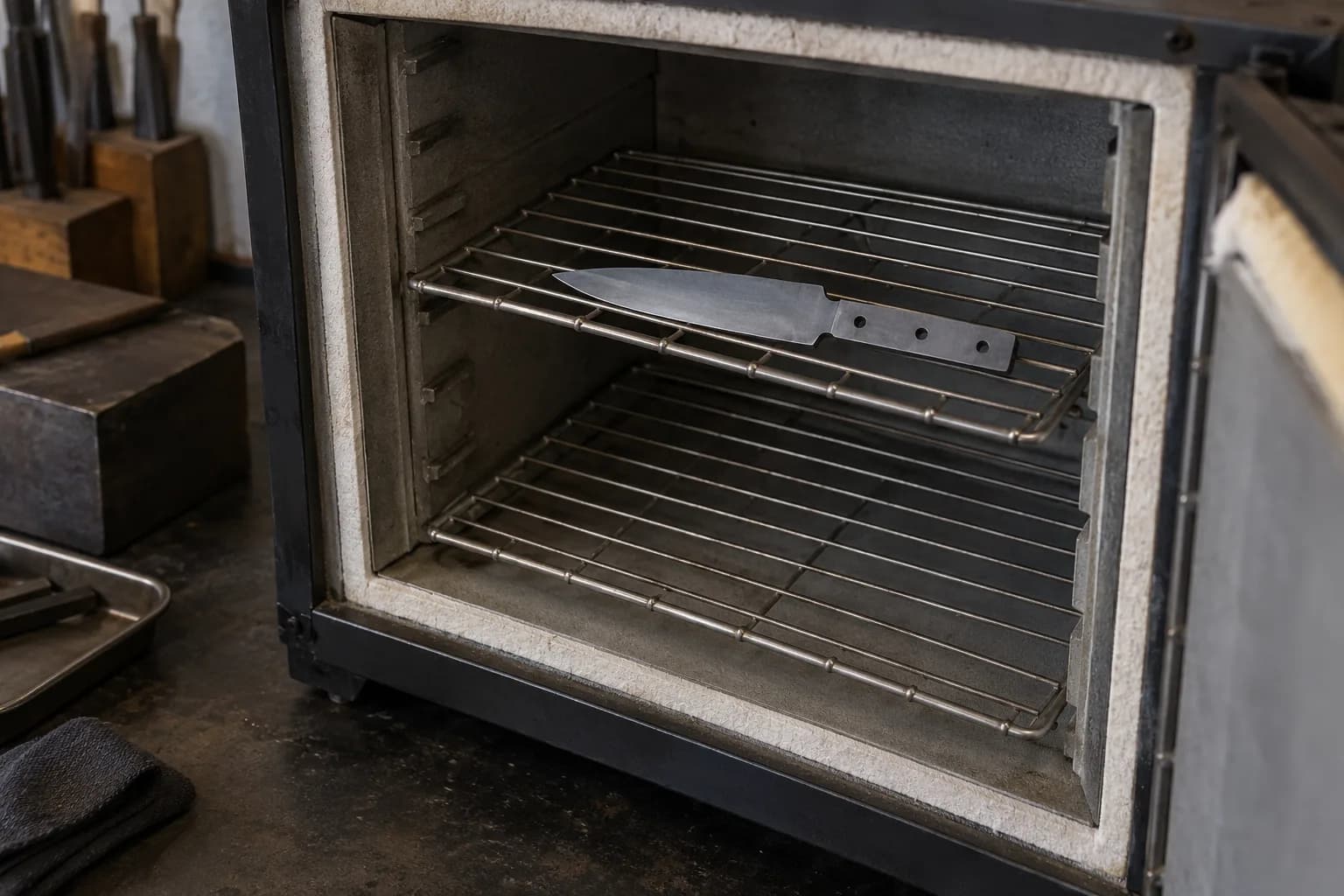 Gray unhandled knife blank lying flat on the upper wire rack of a cold, open workshop oven, with the lower rack empty.
